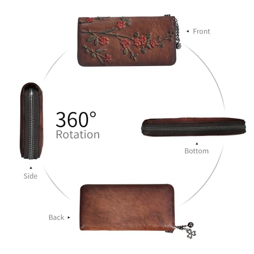 Wallet Genuine Leather for Women - with RFID Blocking Card checkbook ID Slot Large Capacity Vintage style (flower coffee) - color: flower coffee
