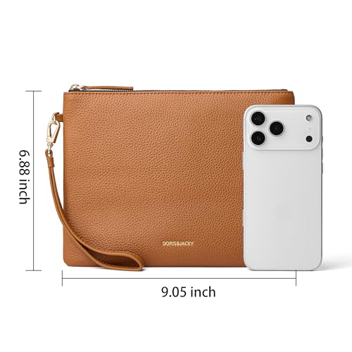 DORIS&JACKY Women Leather Clutch Purse and Phone Wallet with Wristlet Strap - color: Brown