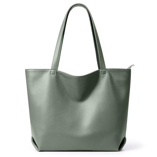 WLLWOO Soft Vegan Leather Tote Bag for Women Large Hobo Zipper Purse | Casual Shoulder Handbags Carryall for Work Daily Weekender Travel Commute - color: Grey Green