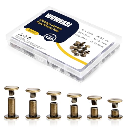 120sets Chicago Screws Kit, 6 Sizes Screw Rivets Bronze Chicago Binding Screws for DIY Repair Leather Craft Belt Bag Shoes Purse Bookbinding (M5*4,5,6,8,10,12) (Bronze) - color: Bronze