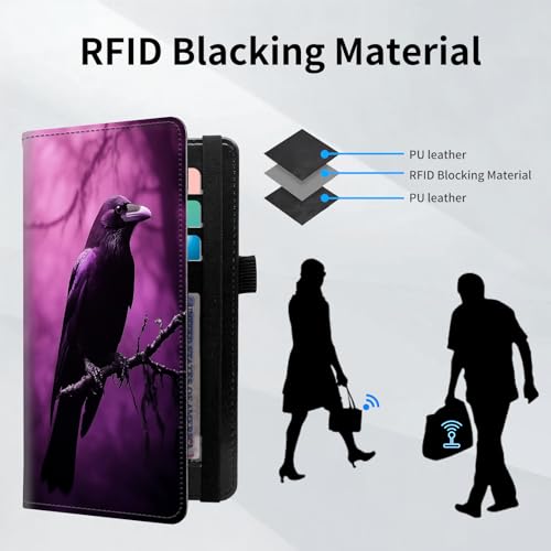 Checkbook Cover for Women and Men, RFID Blocking PU Leather Checkbook Holder Wallet Case with Elastic Strap & Multiple Card Slots, for Checks and Cards, Purple Raven - color: Purple Raven