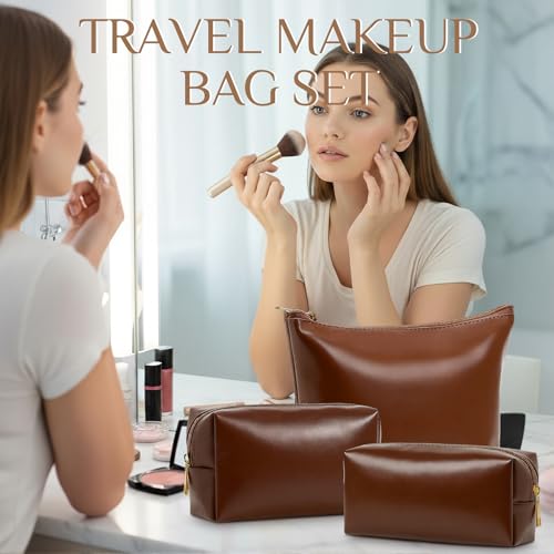 Kigeli 3 Piece Leather Makeup Bag Set Graduation Women Gifts PU Leather Makeup Toiletry Bag Bridesmaid Cosmetic Pouch Small Aesthetic Travel Purse for Wedding Birthday Women Gifts(Brown) - color: brown