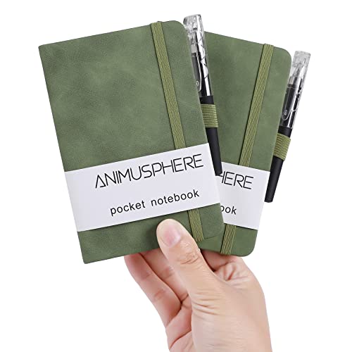 2Pack Pocket Notebook Small Notebook Journal Notebook 4 inches x 5.7 inches 200 Pages Leather Cover With Pen Holder Page Marker Ribbons (Green-withpen) - color: Green-withpen