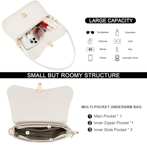KKXIU Small Shoulder Bag for Women Cute Hobo Handbags Mini Clutch Purses | Classic Trendy Retro Underarm Crossbody Bag with Detachable Straps, Zipper Closure - color: Off-white