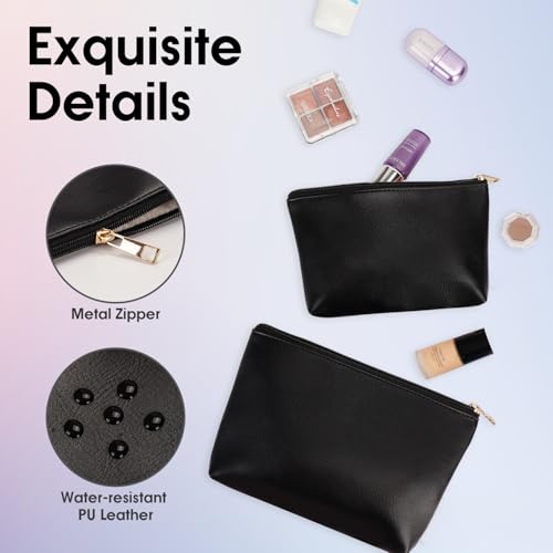 Wandering Nature Makeup Bag Small Cosmetic Bag for Purse 2 Pack Small Make Up Pouch Vegan Leather Cute Travel Pouch with Zipper for Women, Black - color: Black1