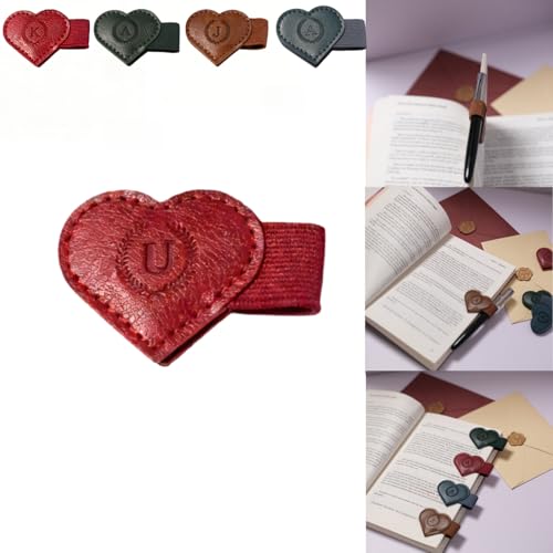 Magnetic Leather Bookmarks with Pen Holder, 26 Letters Name Initial Custom Personalized Heart-Shaped Book Marks for Book Lover Readers, Bygone Cute Leather Bookmark Gift for Women,Girls (Red,U) - color: Red, size: U