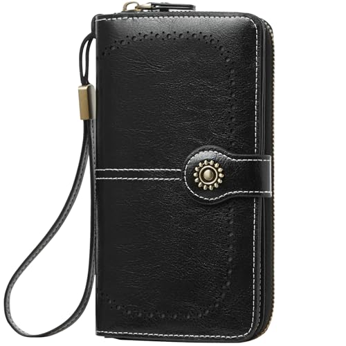 TFKGS Wallet for Women RFID Blocking Leather Large Capacity Card Holder Ladies Phone Clutch Travel Long Purse Wristlet | RFID Blocking - color: 2-Upgrade-Wax-Black