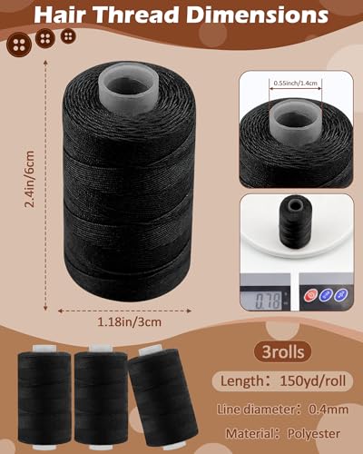 FIVEIZERO 450yd Black Sew in Hair Extension Thread and 30pcs T/C/J/I Needle | 3 Rolls Hair Thread;4-ply polyester weaving thread;Hair Weave Threads for Hair Extensions,Hand Sewing & Making Wigs DIY - color: 450yd-black