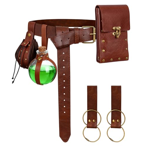 Renaissance Belt Pouch Medieval Pirate Costume Accessories Set for Cosplay | Viking Faux Leather Waist Bag, Skirt Hike Clips, Perfect for Women and Men Ren Faire, LARP, Fantasy, Halloween - color: Brown-V
