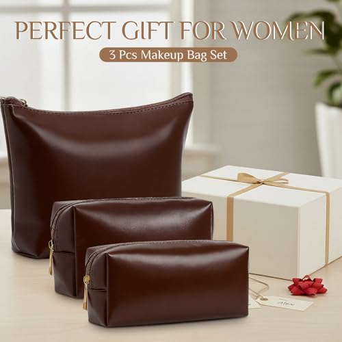 Kigeli 3 Piece Leather Makeup Bag Set Graduation Women Gifts PU Leather Makeup Toiletry Bag Bridesmaid Cosmetic Pouch Small Aesthetic Travel Purse for Wedding Birthday Women Gifts(Coffee) - color: Coffee