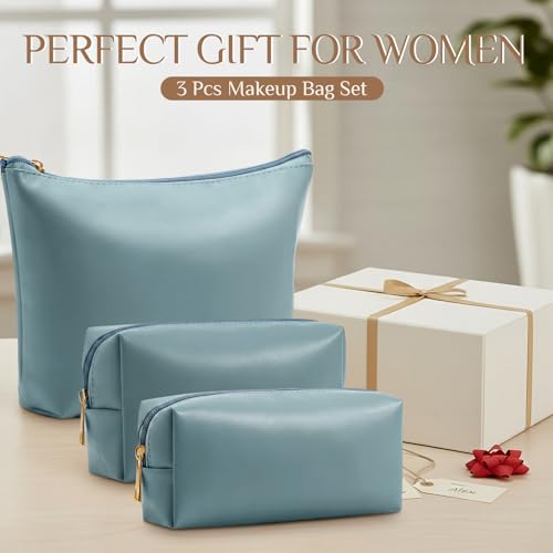 Kigeli 3 Piece Leather Makeup Bag Set Graduation Women Gifts PU Leather Makeup Toiletry Bag Bridesmaid Cosmetic Pouch Small Aesthetic Travel Purse for Wedding Birthday Women Gifts(Blue) - color: blue