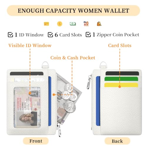 Hancynir White Minimalist Small Wallet Women Credit Card Holder RFID Slim | Zipper Pocket Wallet, Thin Travel Coin Purse, Ladies Women Mens Gifts, Cute Card Case, 6 Card Slots, ID Window, PU Leather - color: 01-Lichee White-03