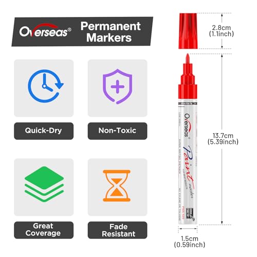 Overseas 8 Colors Oil Based Paint Markers, Fine Tip Permanent Paint Pens | 0.9mm Fine Nib, Waterproof, Quick Dry, Fade Resistant, Assorted Colors Markers for Metal, Rubber, Glass, Wood, Leather, Rock