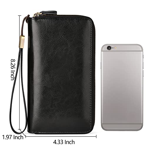 SENDEFN Leather Women Wallet RFID Blocking Zipper Around Phone Holder Clutch Wristlet Large Capacity - color: Elegant Black
