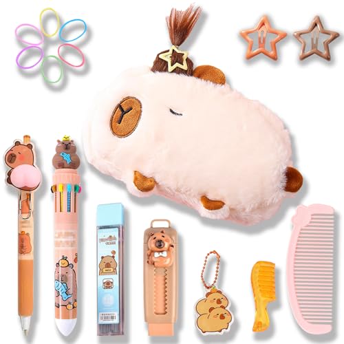 KEYDUACU Cute Water Cavy Pencil Case with Hairstyle Kit, Large Capacity Water Guinea Pig Cute Animal School Supplies Bag with Pencil Set & 10-Color Pen(Beige) - color: beige