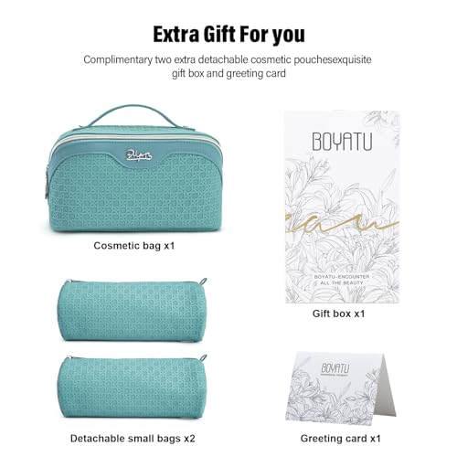 BOYATU Travel Makeup Bag Cosmetic Bags for Women: 3 Pcs Set Make up Bag | Large Capacity Waterproof Vegan Leather Organizer Bags with Compartments - Lay flat Toiletry with Handle (M-75Blue) - color: M-75Blue