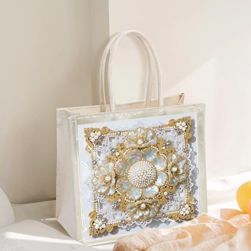 Xylzzuit DIY Pearl Painting Canvas Tote Bag Kit 11.42IN Diamond Art Handbag for Women Shopping Grocery Bag Dots Beads Art Craft Gift (Flower02) - color: Flower02