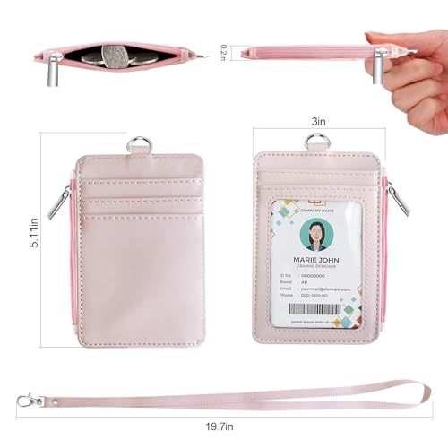 bolimoss 2-in-1 ID Badge Holder & Lanyard Wallet Women Girl Leather Vertical ID Badge Card Holder with Detachable Neck Lanyard, 1 Clear ID Window, 4 Credit Card Slots, 1 Cash Coin Slot Light Pink - color: Light Pink