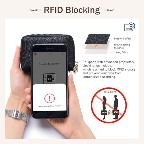 imeetu Rfid Credit Card Holder, Businese Card Case, Wallet for Women Men | Genuine Leather Card Wallet with id Window, Keychain & Double Zipper, Water-resistan Small Wallet with Gift Box, Daily Travel - color: Max - Black