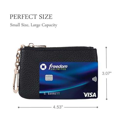 Full Grain Leather Coin Purse With Key Chain - Small Change Purse Card Holder Keychain Pouch Wallet for Women and Men (Black) - color: Black, Regular Size