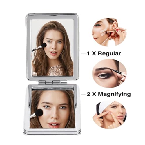 Compact Mirror for Women,Small Magnifying Travel Mirror with Glitter,Portable 2 x 1x Magnification Folding Pocket Makeup Mirror Cosmetic Mirror for Gift Travel Essentials - color: Silver-square