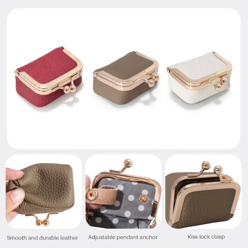 Genuine Leather Mini Jewelry Box Coin Purse for Women,Solid Color Kiss Lock Jewelry Case Organizer,Mini Travel Ring Box - color: Khaki