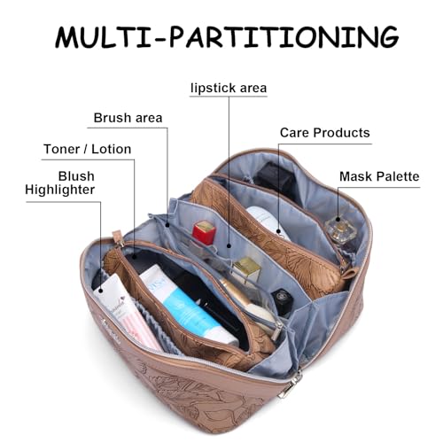 BOYATU Travel Makeup Bags Cosmetic Organizer Bag: 3-Set Make up Bag | Large Capacity PU Leather Toiletry Bags for Women - Wide Open Portable Pouch with Divider & Handle(01Brown) - color: 01-Z-Brown