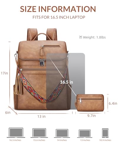 Leather Laptop Backpack for Women 16.5 inch Computer Packs Brown | Vegan Leather Laptop Backpack with Satchel & Tassel, Dedicated 16.5" Laptop Compartment, 13-Pocket Organizer, Travel-Ready - color: Brown