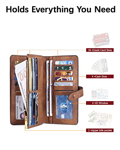 BOSTANTEN Womens Leather Wallet RFID Large Capacity Credit Card Holder | 4 ID Windows, 16 Card Slots, Zipper Coin Pocket, Clutch Wallet, Long Bifold, Ladies Gifts, Grey Brown - color: B-Vegan Brown