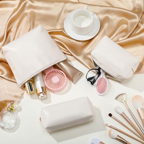 Kigeli 3 Piece Leather Makeup Bag Set Graduation Women Gifts PU Leather Makeup Toiletry Bag Bridesmaid Cosmetic Pouch Small Aesthetic Travel Purse for Wedding Birthday Women Gifts(Beige) - color: Beige