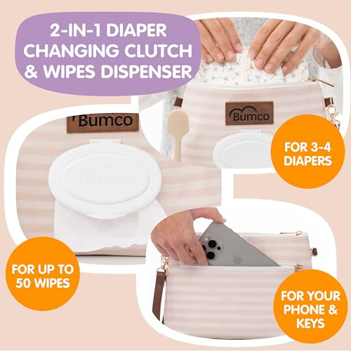 Bumco Portable Diaper Clutch Bag with Built-In Baby Wipes Dispenser | Airtight refillable wet wipes dispenser container. Portable travel pouch holder for quick baby cleanups on the go. - color: Beige