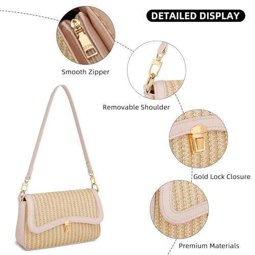 KKXIU Small Shoulder Bag for Women Cute Hobo Handbags Mini Clutch Purses | Classic Trendy Retro Underarm Crossbody Bag with Detachable Straps, Zipper Closure - color: Straw Weave-beige