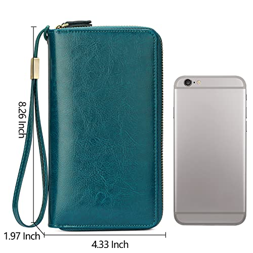 SENDEFN Leather Women Wallet RFID Blocking Zipper Around Phone Holder Clutch Wristlet Large Capacity - color: Peacock Blue