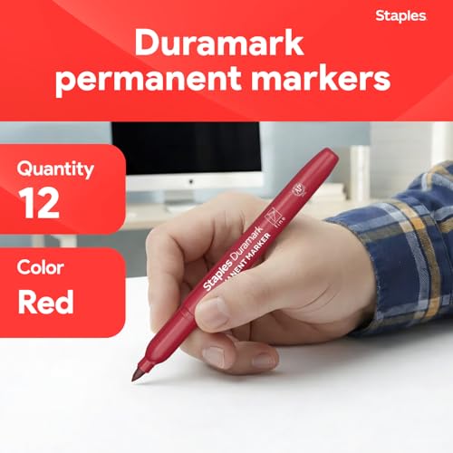 Staples Duramark Permanent Markers, Fine Tip, Red, 12-Pack | Bold markers for office, warehouse, and inventory labeling tasks. - color: Red, size: 12 Pack, style: Fine