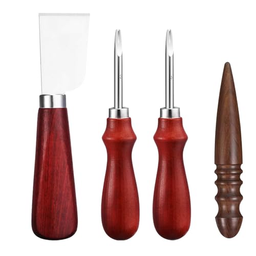 4in1 Leather Knife Set, Leather Edge Beveler Edge Skiving Beveler Leather Cutting Knife Leather Craft Device Leather Edge Skiving Knife Wood Handle Leather Tools for DIY Leather Craft