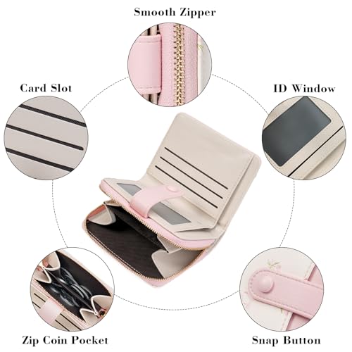 GAEKEAO Small Wallet for Women Vegan Leather Bifold Card Holder RFID Blocking Ladies Purse Floral Pattern with Zipper Pocket - color: Y02-Pink