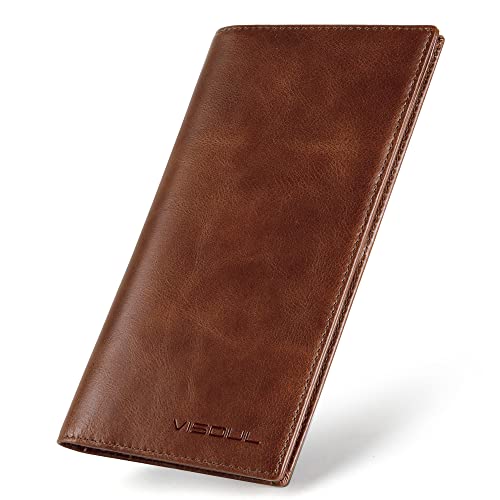 VISOUL Leather Checkbook Cover Wallet for Men with RFID Blocking, Mens Long Bifold Cash Tall Wallet with 11 Credit Card Slots 1 ID Window (Brown) - color: Brown