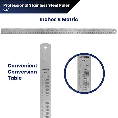 2 Pack Pacific Arc 24 Inch Stainless Steel Ruler with Inch/Metric Conversion Table - style: 2 Pack | 24 in