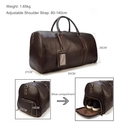 Leather Travel Bag Large Capacity Luggage Duffel Bag with Shoe Compartment, Men Women Weekend Shoulder Handbag for Holiday Business Trip (55cm-Brown) - color: 55cm-Brown