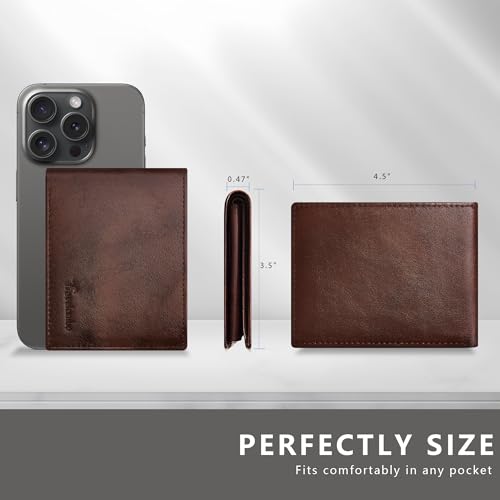 Travelambo Genuine Leather Wallet for Men with Gift Box - Handmade Bifold Stylish - Mens Wallets Rfid Blocking with 2 ID Windows - color: Two-tone Oil-Tanned Brown