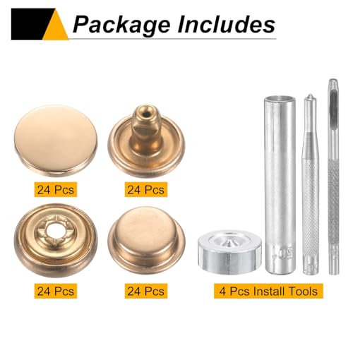 HARFINGTON 24Set Leather Snaps Fasteners Kit 20mm Dia Brass Press-Stud Cap Button 2.95" Length Metal Snap Buttons with 4 Install Tools for Coat Bag Leather Marine Boat Canvas, Gold - color: Gold, size: 20mm