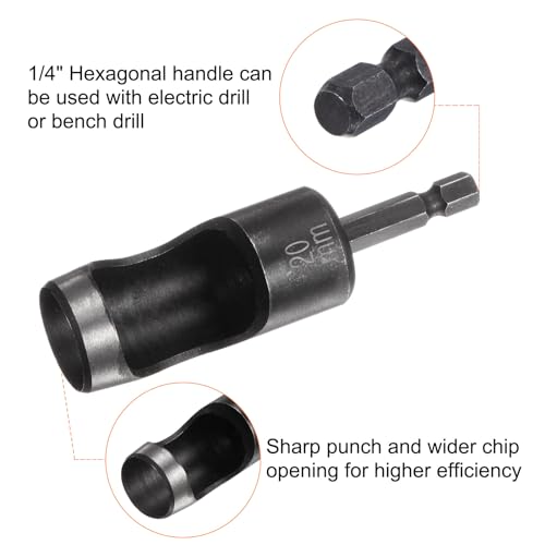 HARFINGTON Leather Hole Punch Tool 20mm 45#Steel 1/4 Hex Shank Drill Bits Electric Hollow Punch Set with 5.5" Half-Round File for Leathercraft Belt Fabric PVC Plastic Handbags Watch Band DIY - size: 20mm