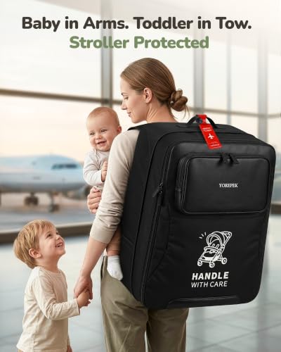 YOREPEK Padded Stroller Bag for Airplane with PU Leather Pocket Design | Expandable Fits Compact Strollers, Gate Check Stroller Bag Backpack with Tracker Pocket for AirTag, Luggage Tag - color: Black