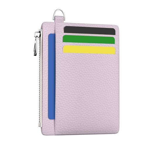 Hancynir Minimalist Slim Wallet Women Credit Card Holder, RFID Small Cute | Zipper Pocket Wallet, Thin Travel Coin Purse, Ladies Women Gifts, Key Chain Card Case, 6 Card Slots, ID Window, PU Leather - color: 1- Lichee PR