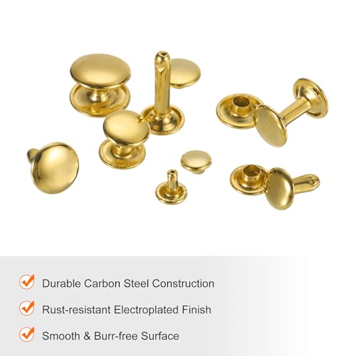 HARFINGTON 100 Sets Double Cap Leather Rivets, 6x8mm Round Cap Tubular Metal Studs Leather Crafting Rivets for Fabric Belt Pet Collar Boot Bag Repair and Decoration, Gold - color: Gold, size: 6x8mm