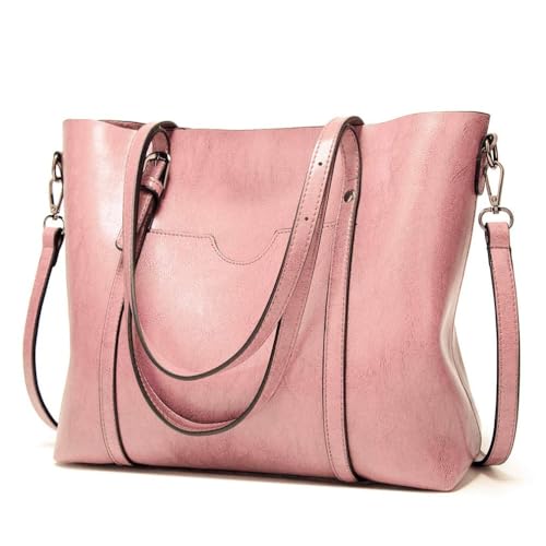 Pahajim Faux Leather Tote Bag for Women, Large Zipper Shoulder Purse - color: Pink