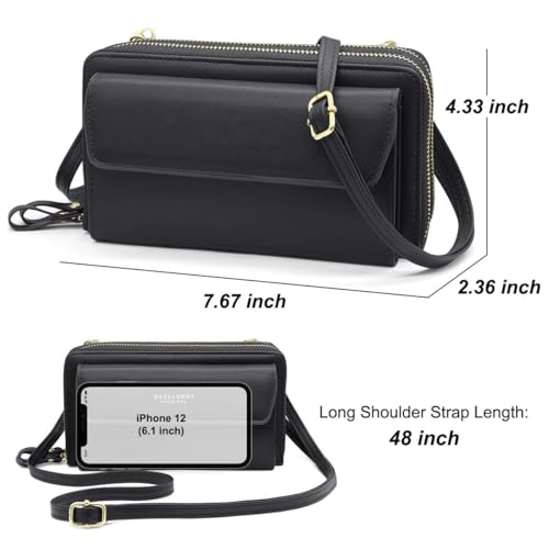 Women Leather Wallet Crossbody Shoulder Bag with Double Zipper and Mobile Phone Purse with Shoulder Strap - color: 109-black