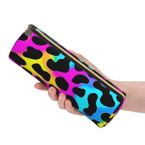 OSAM SPACE Leather Pencil Case Round Pencil Bag Leopard Print Rainbow Pen Organizer Holder Portable Zipper Pouch Cute School Supplies for Girls Boys Study Office - color: Leopard Print Rainbow