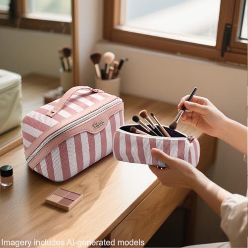 BOYATU Travel Makeup Bag for Women: 3 Pcs Set Striped Make up Bag,Pink | Vegan Leather Cosmetic Bags with Compartments - Waterproof Large Capacity Toiletry Bags - 180° Open-Flat Makeup Organizer - color: A-3-Pink