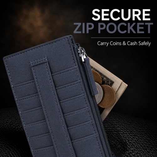 Leatherboss Genuine Leather Women's All in One Credit Business Card Case Holder Slim Zipper Wallet With a Card Protection Strap, Blue - color: Blue